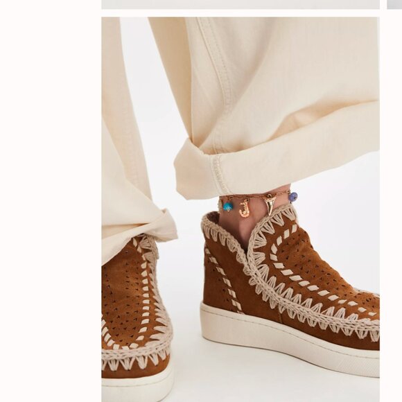 Free People MOU Coastal Crochet Suede Ankle Boots Cognac Size EU 38 / US 7.5 -8 - Picture 2 of 6